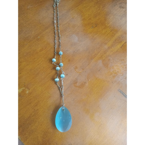 Unbranded Jewelry - Vintage Aqua Blue Faceted Teardrop Pendant Necklace Silver Tone Beaded Chain